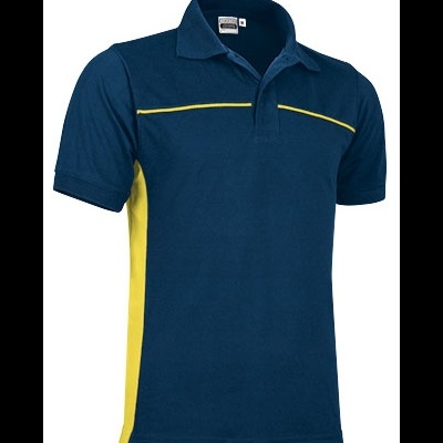Polo azul escuro com detalhes amarelos e gola de botões