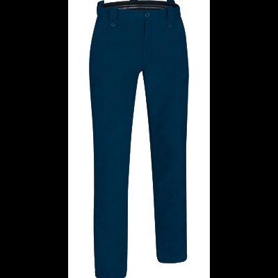 Calças azul escuro com fecho frontal e presilhas