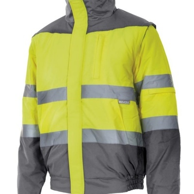 Casaco amarelo e cinza de alta visibilidade com faixas refletoras