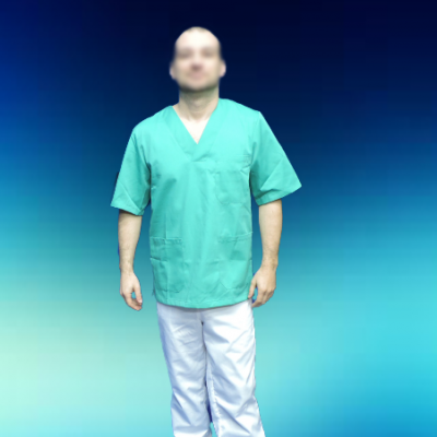 Uniforme médico com camisa verde água e calças brancas