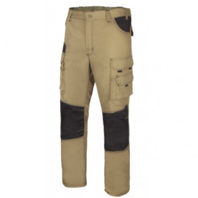 Calças de trabalho bege com reforços pretos nos joelhos