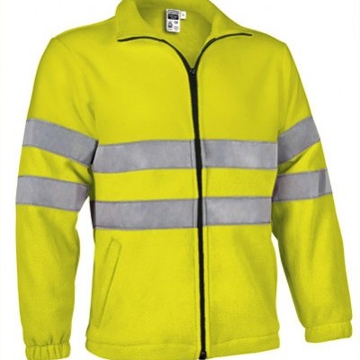 Casaco polar amarelo fluorescente com bandas reflexivas cinzentas e fecho de correr