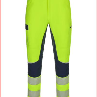 Calças de trabalho amarelo fluorescente com faixas refletoras e detalhes azuis.