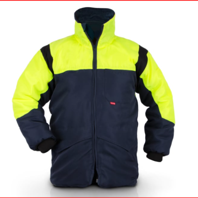 Casaco de trabalho amarelo fluorescente e azul escuro com fecho de correr