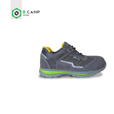 Sapatilha de segurança cinza escuro com detalhes amarelos e sola verde