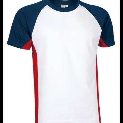 T-shirt raglan branco com mangas azul-escuras e laterais vermelhas
