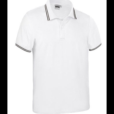 Polo branco com golas e bordas das mangas com riscas pretas