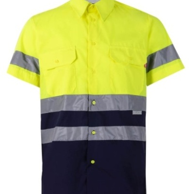 Camisola de trabalho amarela fluorescente e azul com bandas refletoras