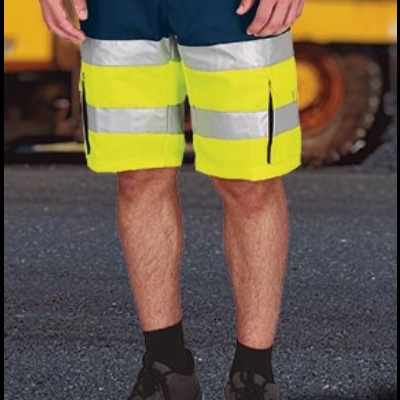 Calções de trabalho bicolor com faixas reflectoras cinzentas e amarelas