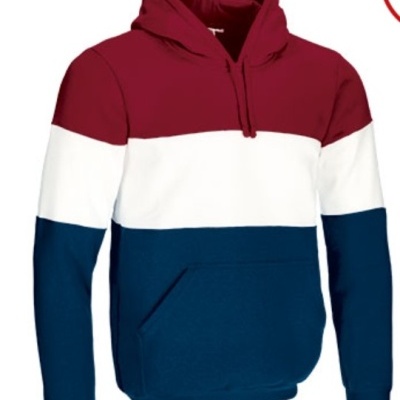 Sweatshirt com capuz tricolor vermelho grená, branco e azul escuro com bolso canguru