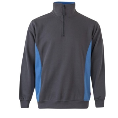 Sweatshirt cinzenta escura com detalhes azuis e gola alta com fecho