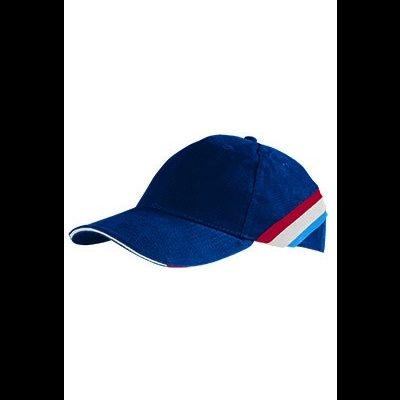 Boné azul com riscas coloridas nas laterais e aba curva