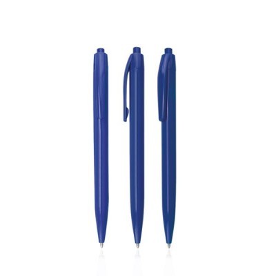 Três canetas esferográficas azuis alinhadas verticalmente sobre fundo branco