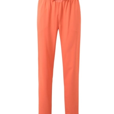 Calças femininas cor de coral com cintura elástica e laço