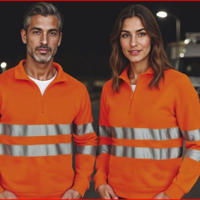 Dois modelos com sweatshirts de trabalho laranja e faixas reflexivas cinza em ambiente industrial