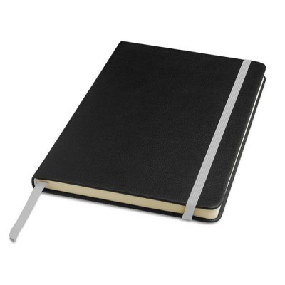 Caderno preto com elástico cinzento e marcador de página