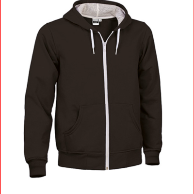 Casaco com capuz preto com fecho branco e bolsos frontais