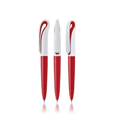 Três canetas esferográficas vermelhas com tampa branca e detalhe vermelho