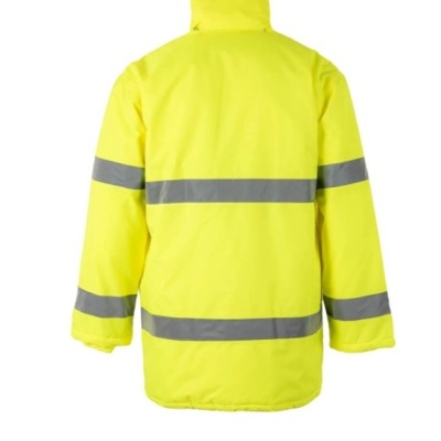 Casaco de segurança amarelo fluorescente com faixas refletoras cinzentas visto de costas