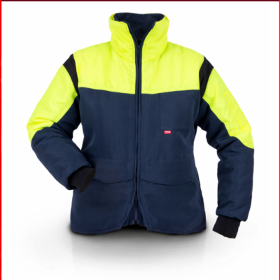 Casaco de trabalho azul e amarelo fluorescente com fecho de correr e punhos elásticos