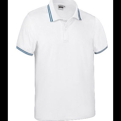 polo branco com riscas azuis na gola e punhos