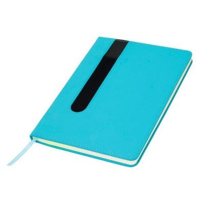 Caderno azul turquesa com faixa preta e marcador de fita