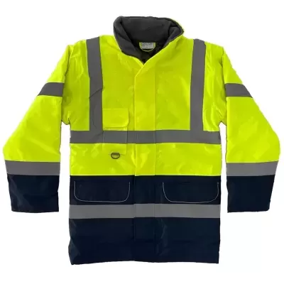 Casaco de segurança amarelo e azul com faixas reflexivas