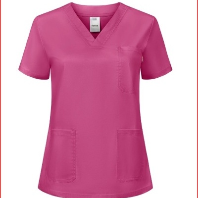Túnica médica rosa com decote em V e bolsos