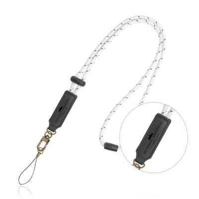 Cordão branco com clip dourado e suporte preto para telemóvel ou chave