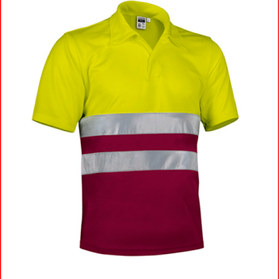 Polo de manga curta com gola, amarelo fluorescente, faixas refletoras e vermelho