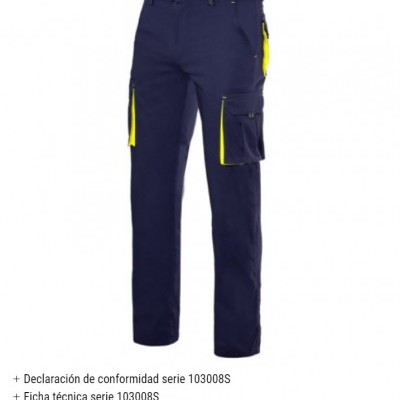 Calças de trabalho azul escuro com detalhes amarelos e bolsos múltiplos