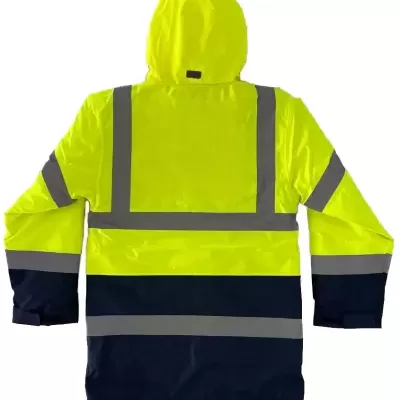 Casaco impermeável de alta visibilidade amarelo e preto com faixas refletoras