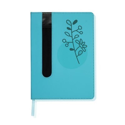 Caderno azul turquesa com padrão floral e faixa elástica preta