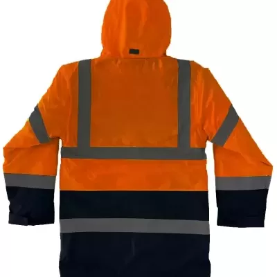 Casaco de alta visibilidade com capuz, faixas reflexivas e cor laranja e preta