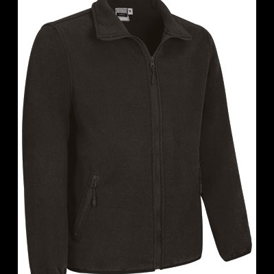 casaco preto de tecido polar com fecho à frente e bolsos com fecho