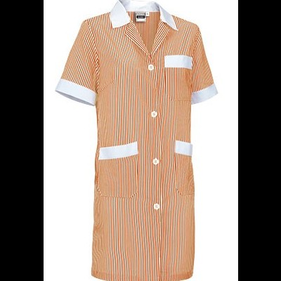 Vestido listrado vermelho e branco com gola e punhos brancos e botões