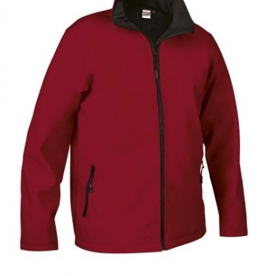 Casaco softshell vermelho com detalhes pretos e fecho de correr
