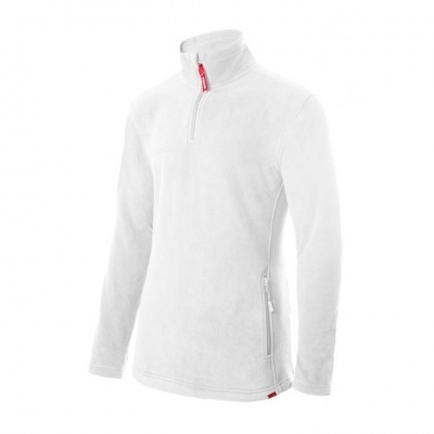 Camisola polar branca de manga comprida com fecho até ao peito e detalhes vermelhos