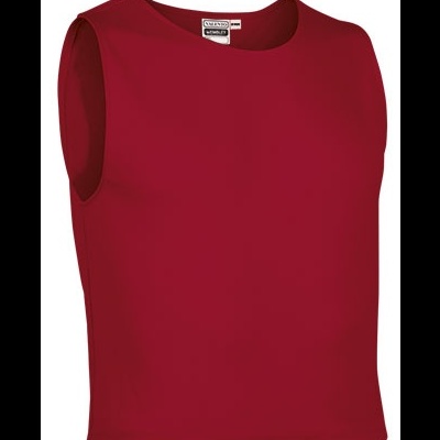 Colete vermelho sem mangas com gola redonda e etiqueta interna visível