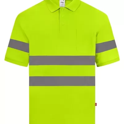 Polo de alta visibilidade amarelo fluorescente com faixas retrorefletoras cinzentas e bolso no peito