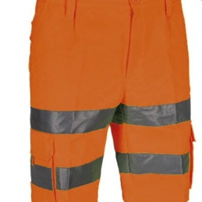 Calções de trabalho laranja com faixas refletoras cinzentas e bolsos laterais