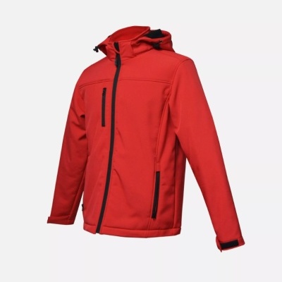 Casaco vermelho com capuz e fecho de correr preto