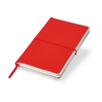 Caderno vermelho de capa dura com elástico e fita marcador