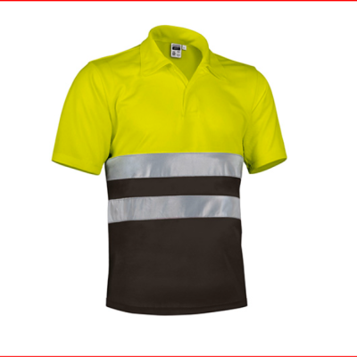 Polo de trabalho amarelo fluorescente com faixas reflexivas e parte inferior preta