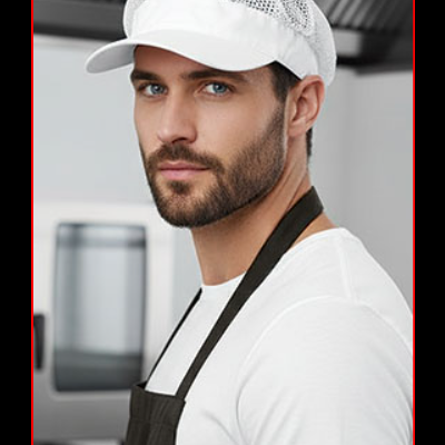 Homem com boné branco com rede e avental preto numa cozinha profissional