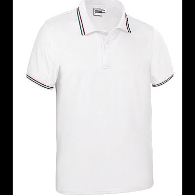 Polo branco com gola e mangas listradas verde, branco e vermelho