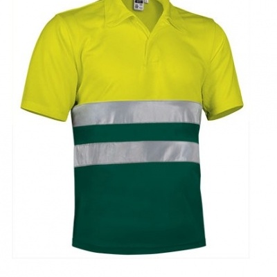 Polo amarelo e verde com faixas reflexivas prateadas e etiqueta interior XL