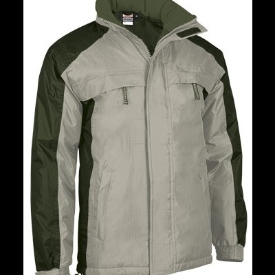 Casaco de trabalho cinzento claro com detalhes verde escuro e bolsos zíper