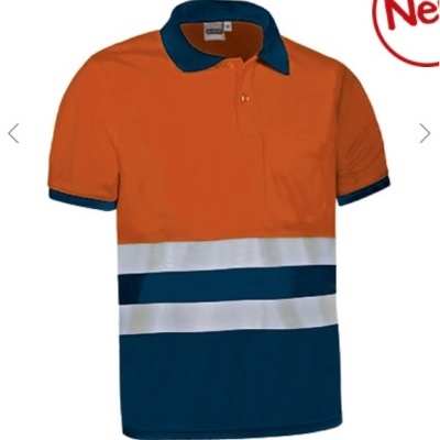 Polo de manga curta laranja, branco e azul escuro com bolso e gola
