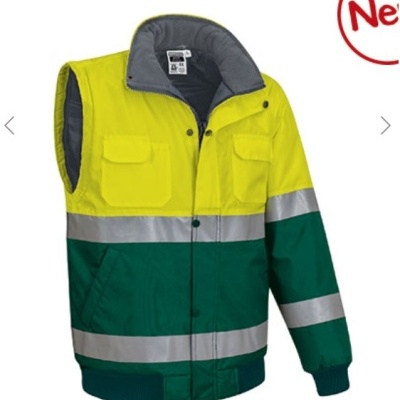 Colete de trabalho amarelo e verde com um braço e faixa refletora